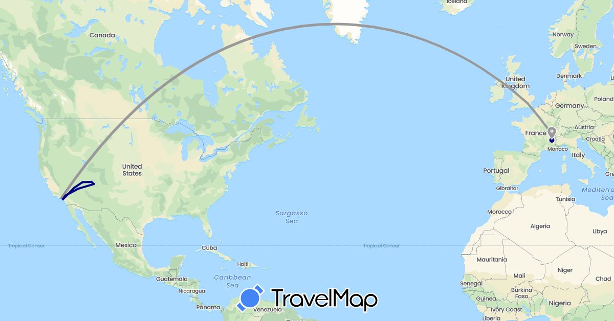 TravelMap itinerary: driving, plane in Switzerland, France, United Kingdom, United States (Europe, North America)